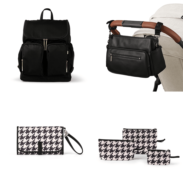 First Time Parent Nappy Bag Bundle - Black Nylon & Houndstooth