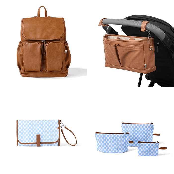 First Time Parent Nappy Bag Bundle - Tan & Blue Check