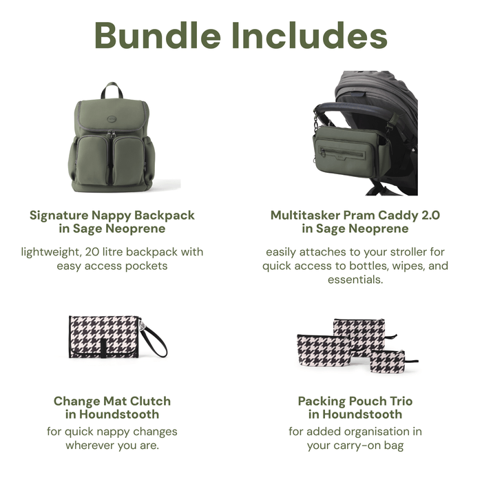 First Time Parent Nappy Bag Bundle - Sage & Houndstooth