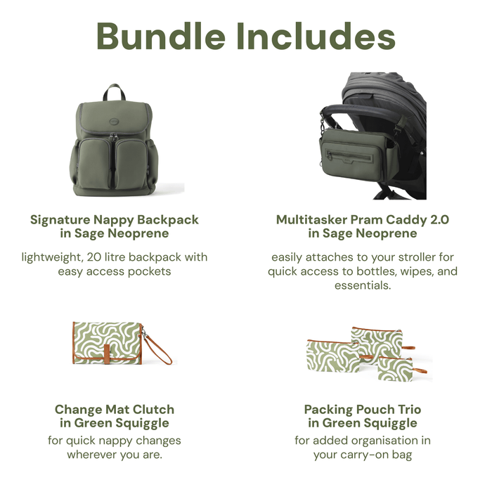 First Time Parent Nappy Bag Bundle -  Sage & Green Squiggle
