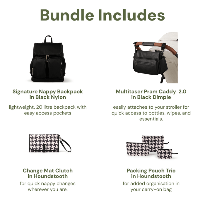 First Time Parent Nappy Bag Bundle - Black Nylon & Houndstooth