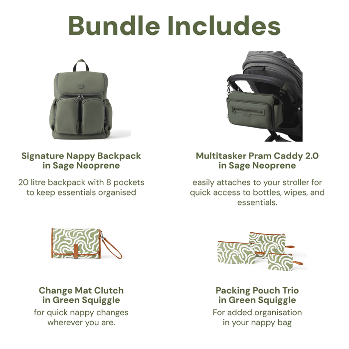 First Time Parent Nappy Bag Bundle -  Sage & Green Squiggle (PRE-ORDER FOR MAY DELIVERY)