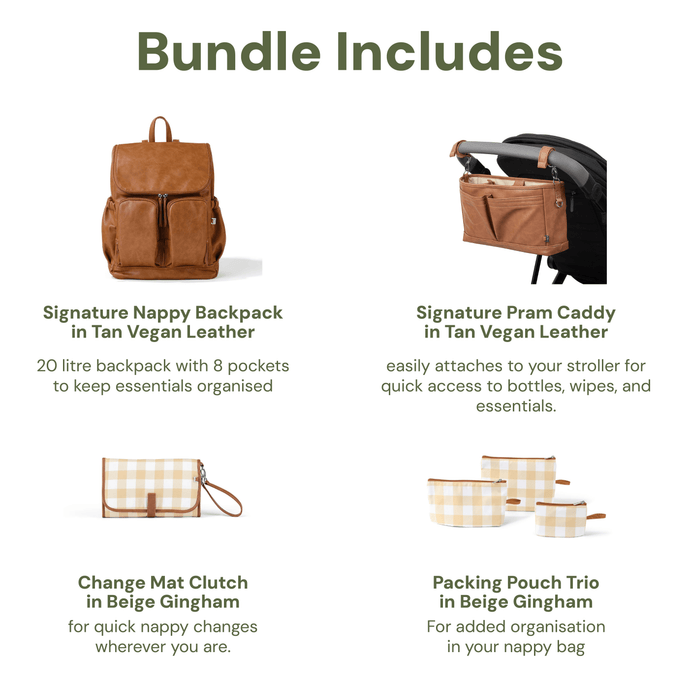First Time Parent Nappy Bag Bundle - Tan & Beige Gingham