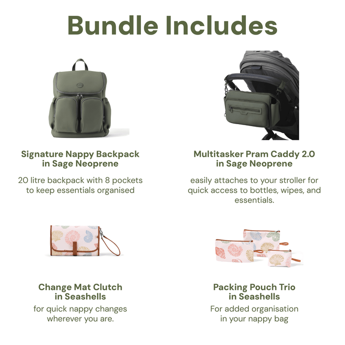 First Time Parent Nappy Bag Bundle - Sage & Seashells