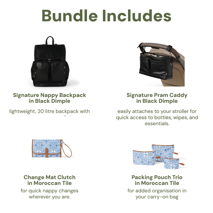 First Time Parent Nappy Bag Bundle - Black Dimple & Moroccan