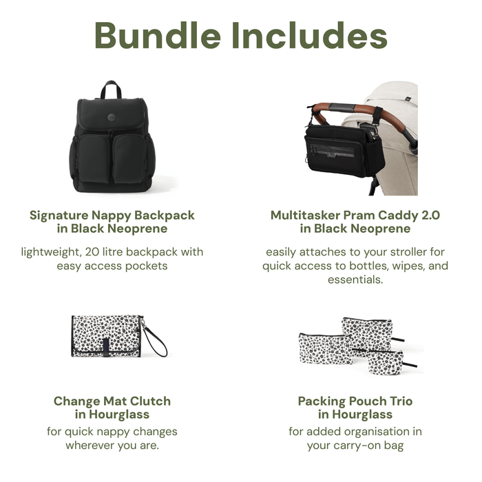 First Time Parent Nappy Bag Bundle - Black Neoprene & Hourglass