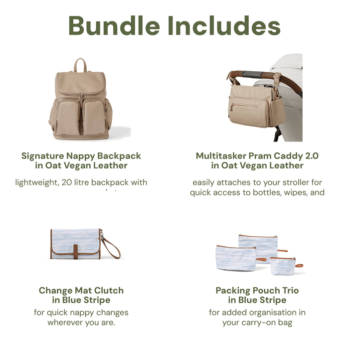 First Time Parent Nappy Bag Bundle - Oat & Blue Stripe