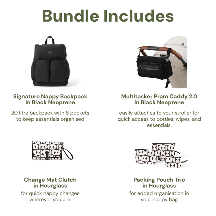 First Time Parent Nappy Bag Bundle - Black Neoprene & Hourglass