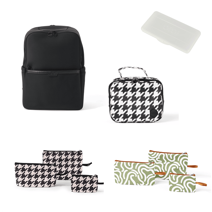 Baby & Toddler Nappy Bag Bundle – Black Neoprene, Houndstooth & Green Squiggle