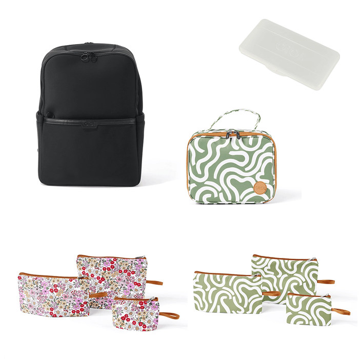 Baby & Toddler Nappy Bag Bundle – Black Neoprene, Green Squiggle & Daisy