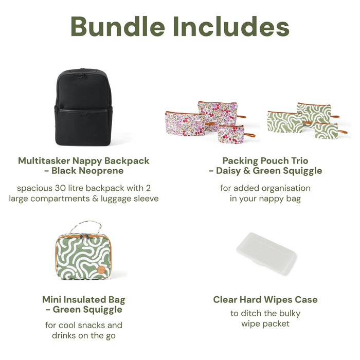 Baby & Toddler Nappy Bag Bundle – Black Neoprene, Green Squiggle & Daisy