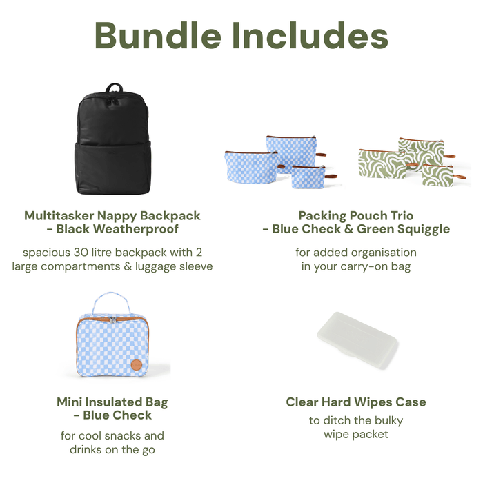 Baby & Toddler Nappy Bag Bundle – Weatherproof, Blue Check & Green Squiggle