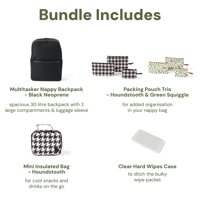 Baby & Toddler Nappy Bag Bundle – Black Neoprene, Houndstooth & Green Squiggle