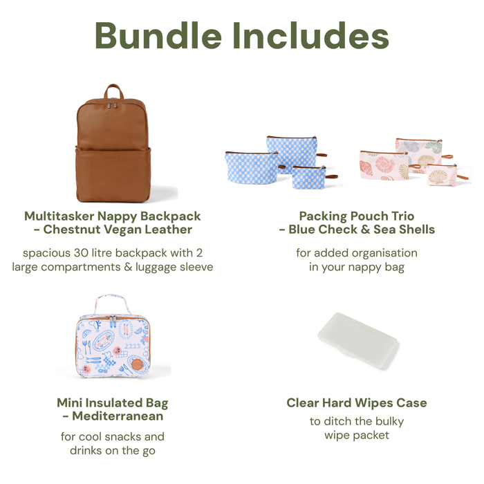 Baby & Toddler Nappy Bag Bundle – Chestnut, Seashells & Mediterranean