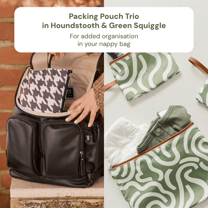 Baby & Toddler Nappy Bag Bundle – Black Neoprene, Houndstooth & Green Squiggle