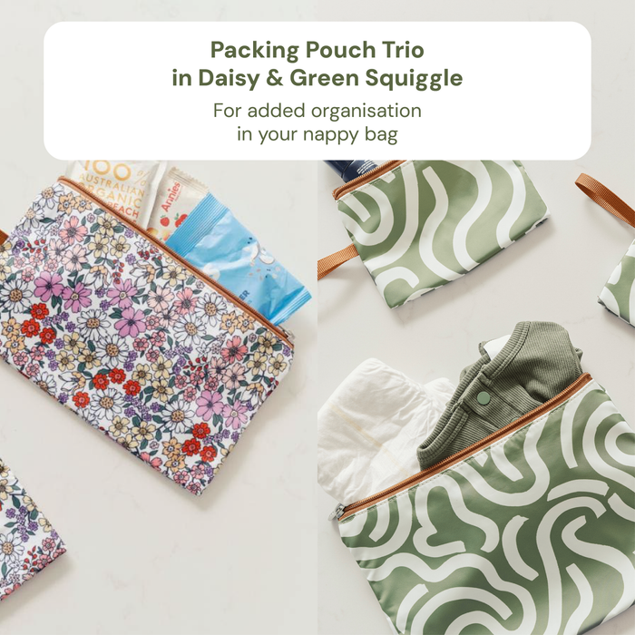 Baby & Toddler Nappy Bag Bundle – Black Neoprene, Green Squiggle & Daisy