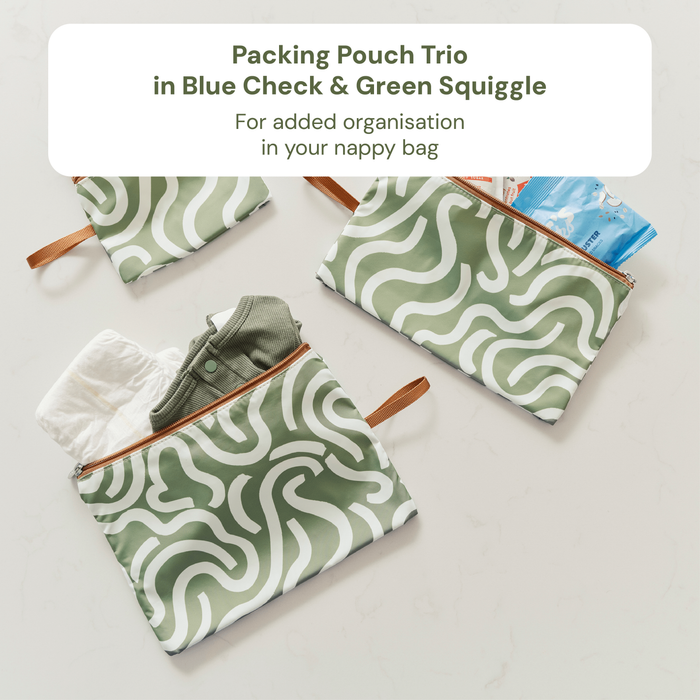 Baby & Toddler Nappy Bag Bundle – Sage Neoprene, Green Squiggle & Blue Check (PRE-ORDER FOR MAY DELIVERY)