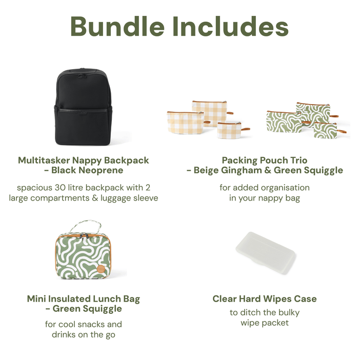 Baby & Toddler Nappy Bag Bundle – Black Neoprene, Green Squiggle & Gingham