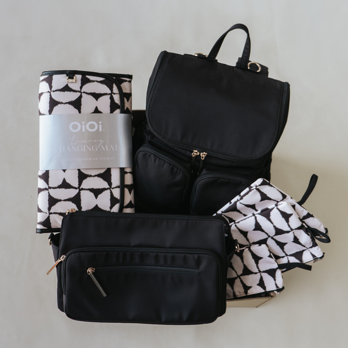 First Time Parent Nappy Bag Bundle - Black Nylon & Hourglass