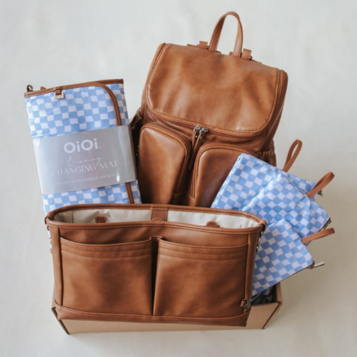 First Time Parent Nappy Bag Bundle - Tan & Blue Check