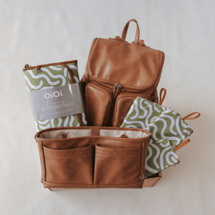 First Time Parent Nappy Bag Bundle -  Tan & Green Squiggle