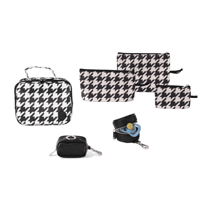 Nappy Bag Organisation Kit – Houndstooth & Black Vegan Leather