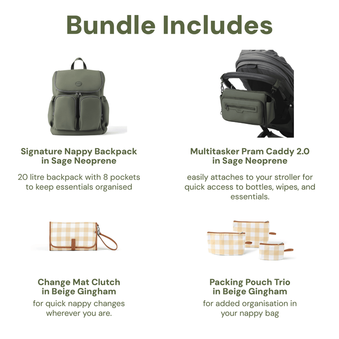 First Time Parent Nappy Bag Bundle - Sage & Beige Gingham